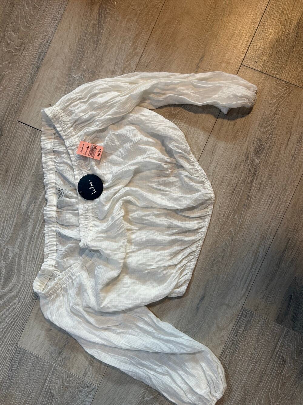 Lulus Women’s Large White Gauze Off Shoulder Crop Top Long Balloon Sleeve NWT